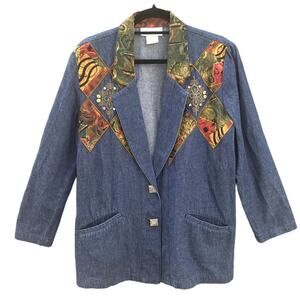 Cache | Women's Vintage 80s Boho Western Embroidered Denim Jean Blazer Size S